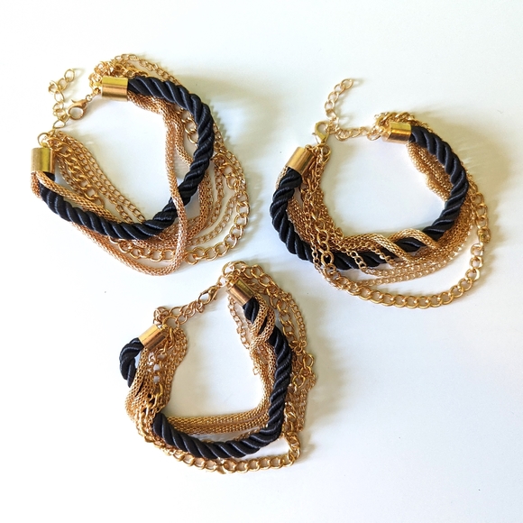 Three Matching Black and Gold Tone Twisted Rope and Chain Bracelets - Picture 4 of 4